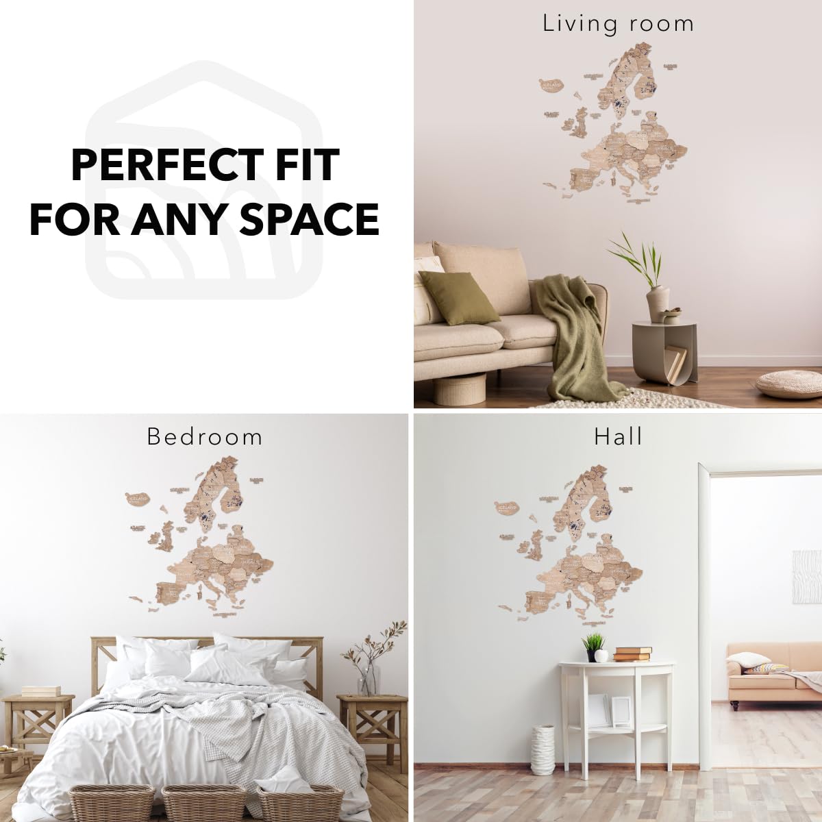 ENJOY THE WOOD Mapa de Europa en Madera 3D – Mapa Europeo Artesanal con Fronteras de Países – Decoración Moderna de Viajes con Pines, Regalo para Parejas y Familias