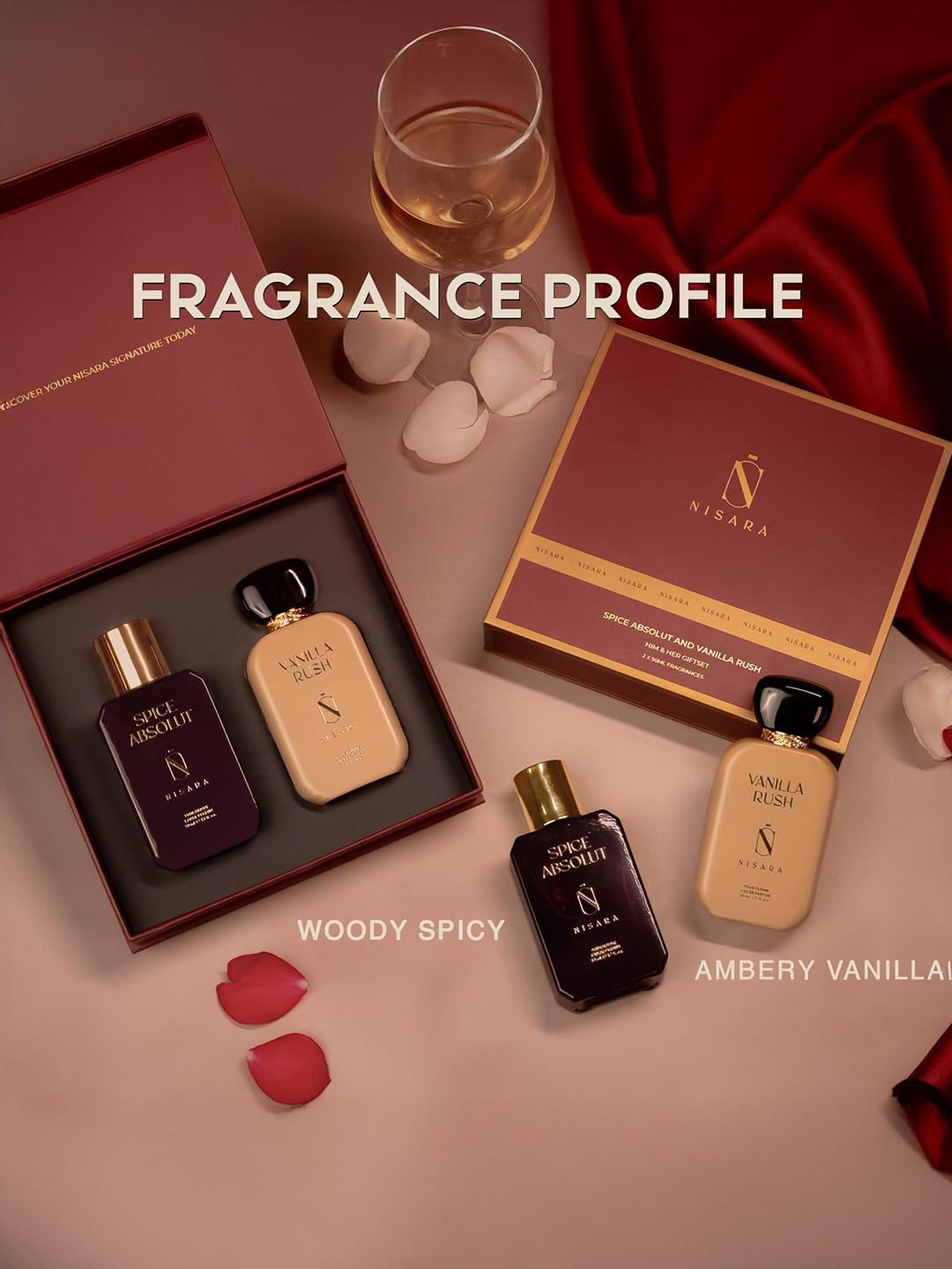Nisara Him & Her EDP Perfume Gift Set, 50ml X 2 | Spice Absolut & Vanilla Rush| Premium Long Lasting Eau de Parfum | Spicy, Woody & Fruity Fragrance for Men & Women