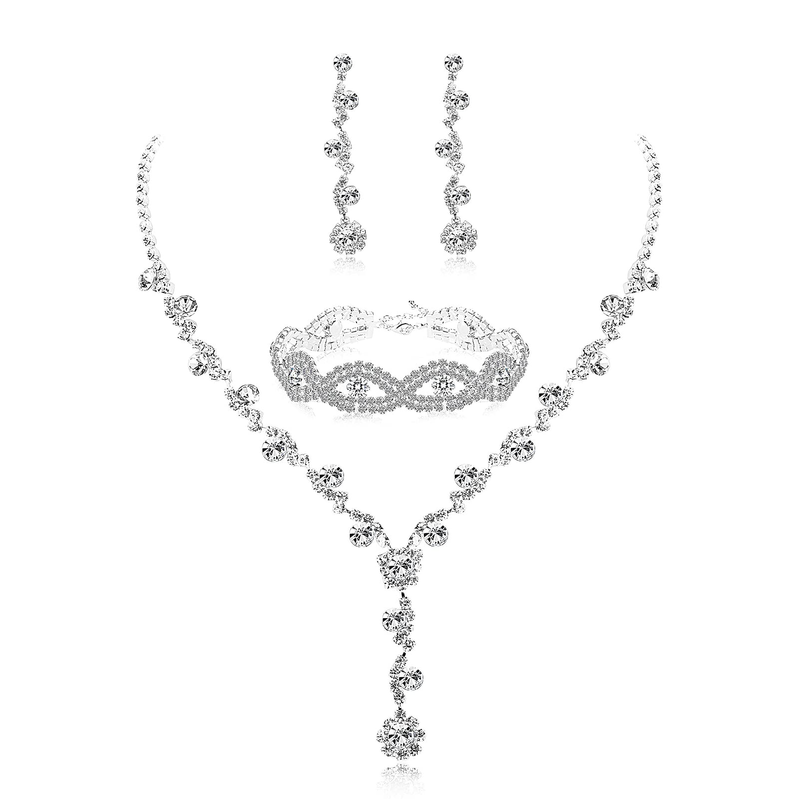 RIOXSRhinestone Bridesmaid Jewelry Sets, Women Crystal Necklace and Earring Set with Bracelet for Wedding