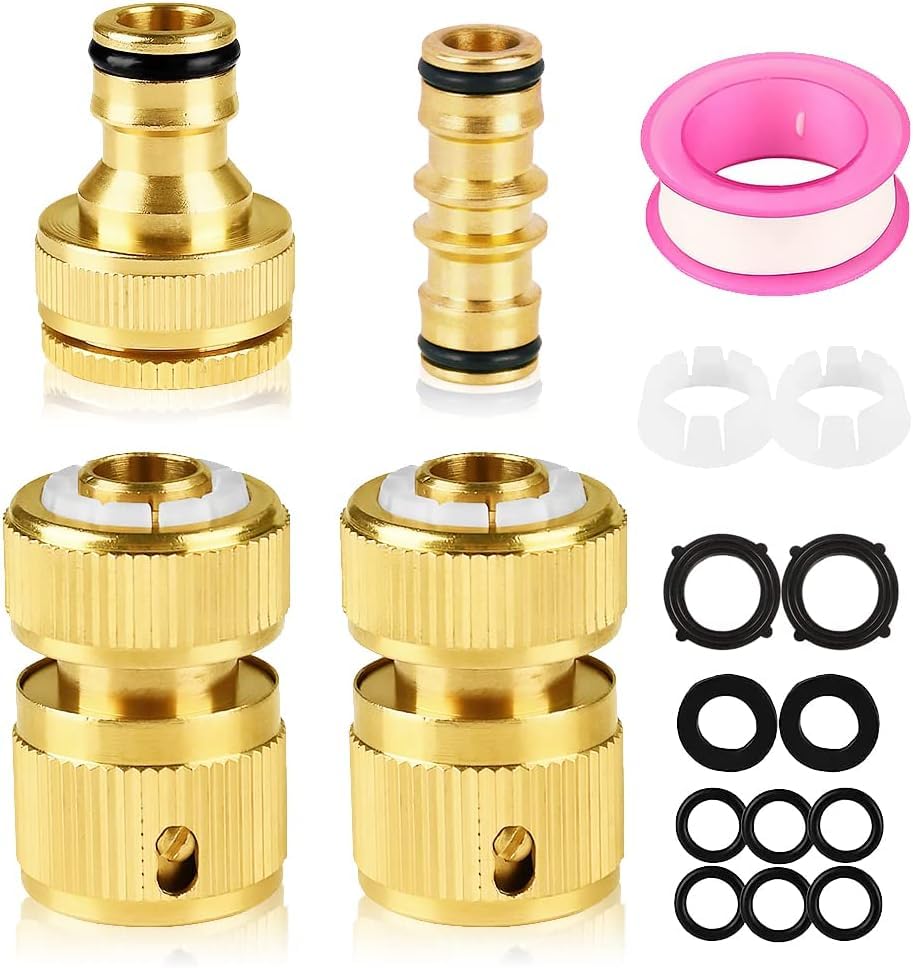 4PCS Brass Garden Hose Tap Connector Kit for Join Garden Hose Pipe Tube, Hose Tap Connector 1/2 inch and 3/4 inch 2-in-1 with Sealing Ring for Watering,Gardening, Car Washing