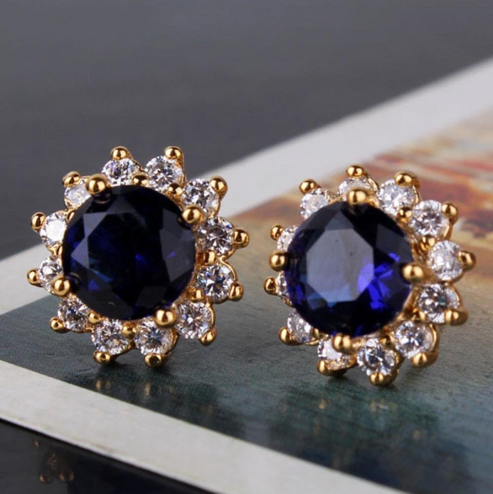 Amazing 24K Yellow Gold Plated Earrings Retro Vintage Sapphire White Stones Female Stud Earrings Charms Jewelry E300a