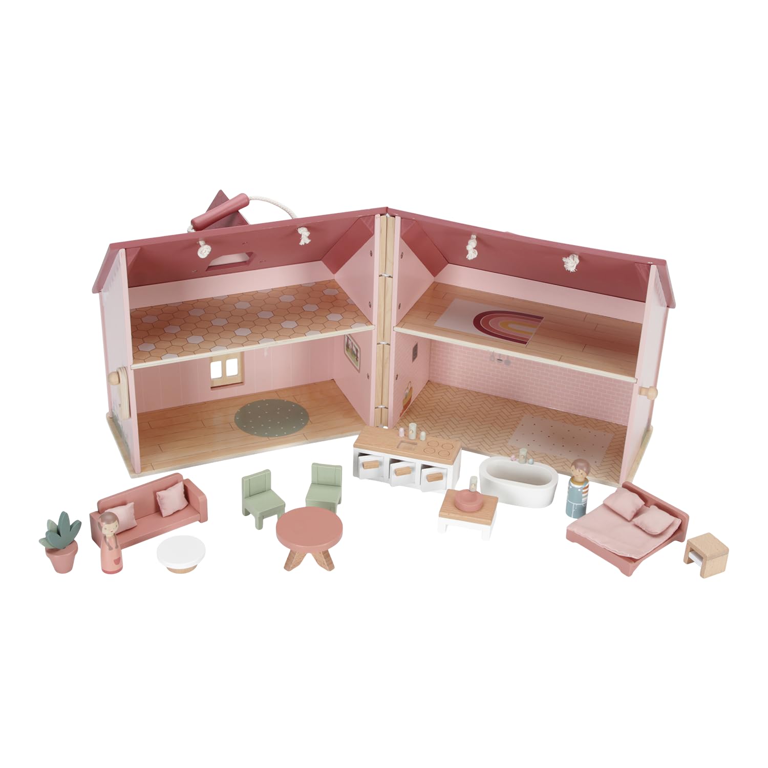 Little Dutch Casa de muñecas de madera portátil y plegable con muchos accesorios y figuras de juego, muebles rosa