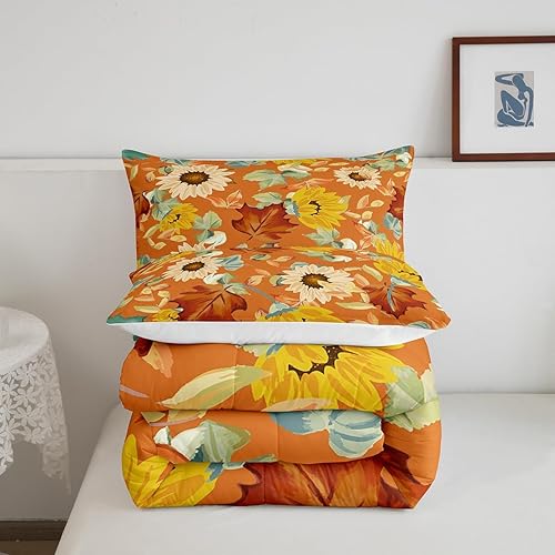 Miniatura 5 de Erosebridal Juego de ropa de cama de otoño, tamaño Queen, color beige, girasol, amarillo, verde, marrón, naranja, juego de edredón de flores de
