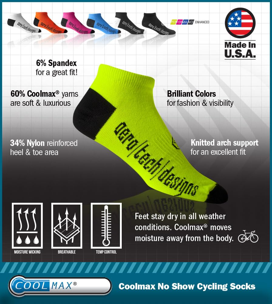 AERO|TECH|DESIGNS | Coolmax Athletic Socks | Low-Cut No-Show | Adult Unisex | Medium | Safety Yellow
