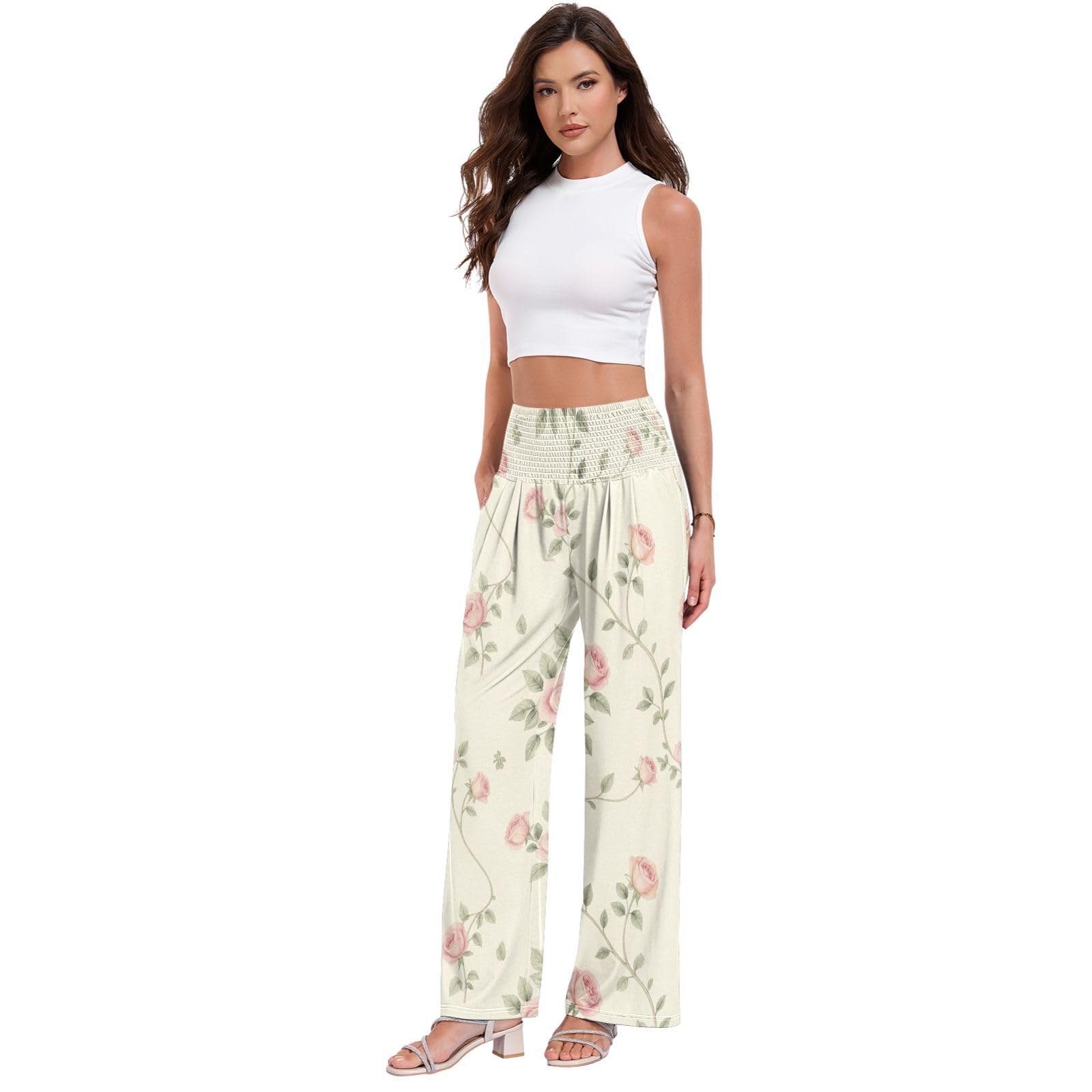 FRODOTGV Vine Rose Palazzos - Pantalones ligeros para yoga y verano para mujer