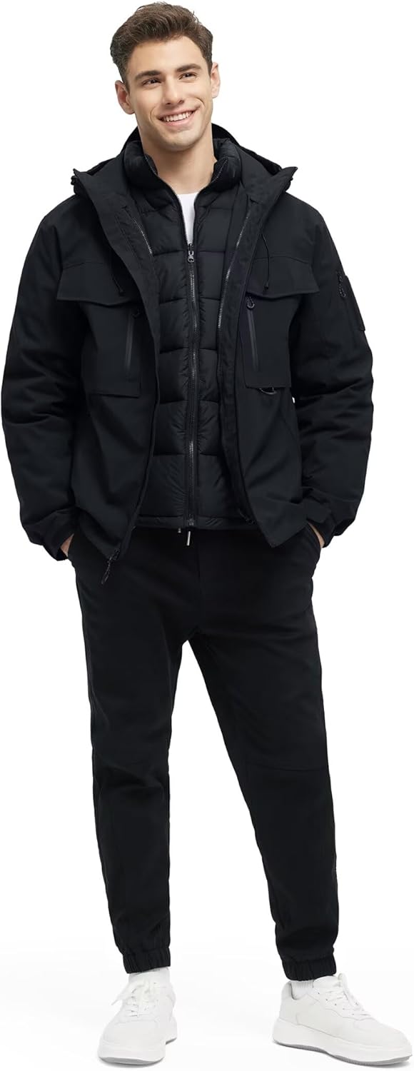 Men's 3 in 1 Waterproof Winter Jackets Ski Warm Snow Rain Coat Puffer Liner Hood Windbreaker Black 3XL - Image 6