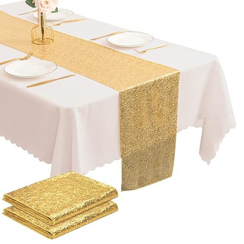 Hakiwina Tischläufer 2Stück, Goldfarbene Pailletten 30x180cm Glitzernd Runde Pailletten Stoff Goldene Tischdekoration für Weihnachten Party Bankett Hochzeit Schönheit Weihnachten Tischdecke Cover