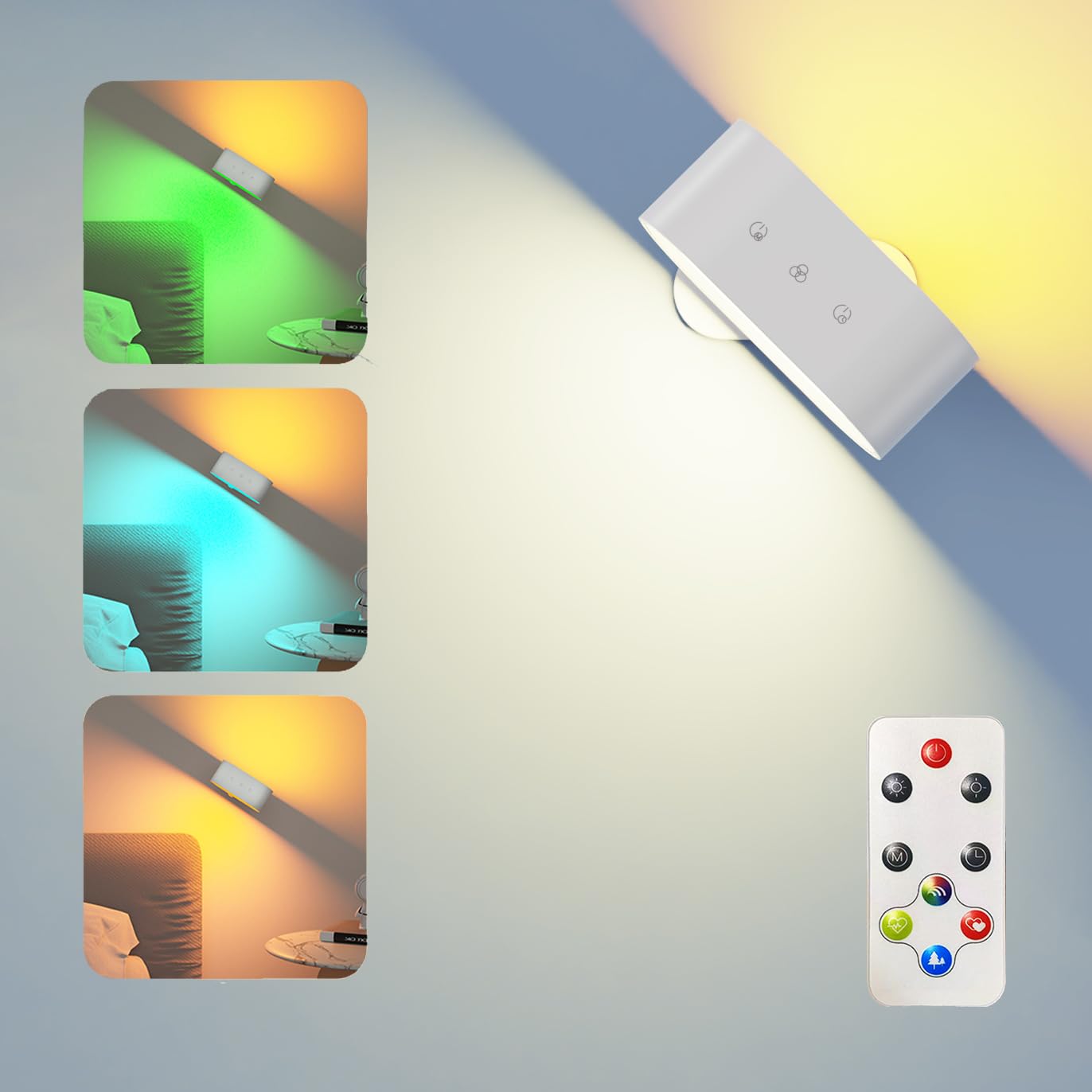 Wall Lights, LED Wall Sconces Battery Operated Wall Lamp Ambient Lighting, Color Changing Rechargeable Night Light Fixture with 3 Color Temperature RGB Light for Bedroom Reading Bedside