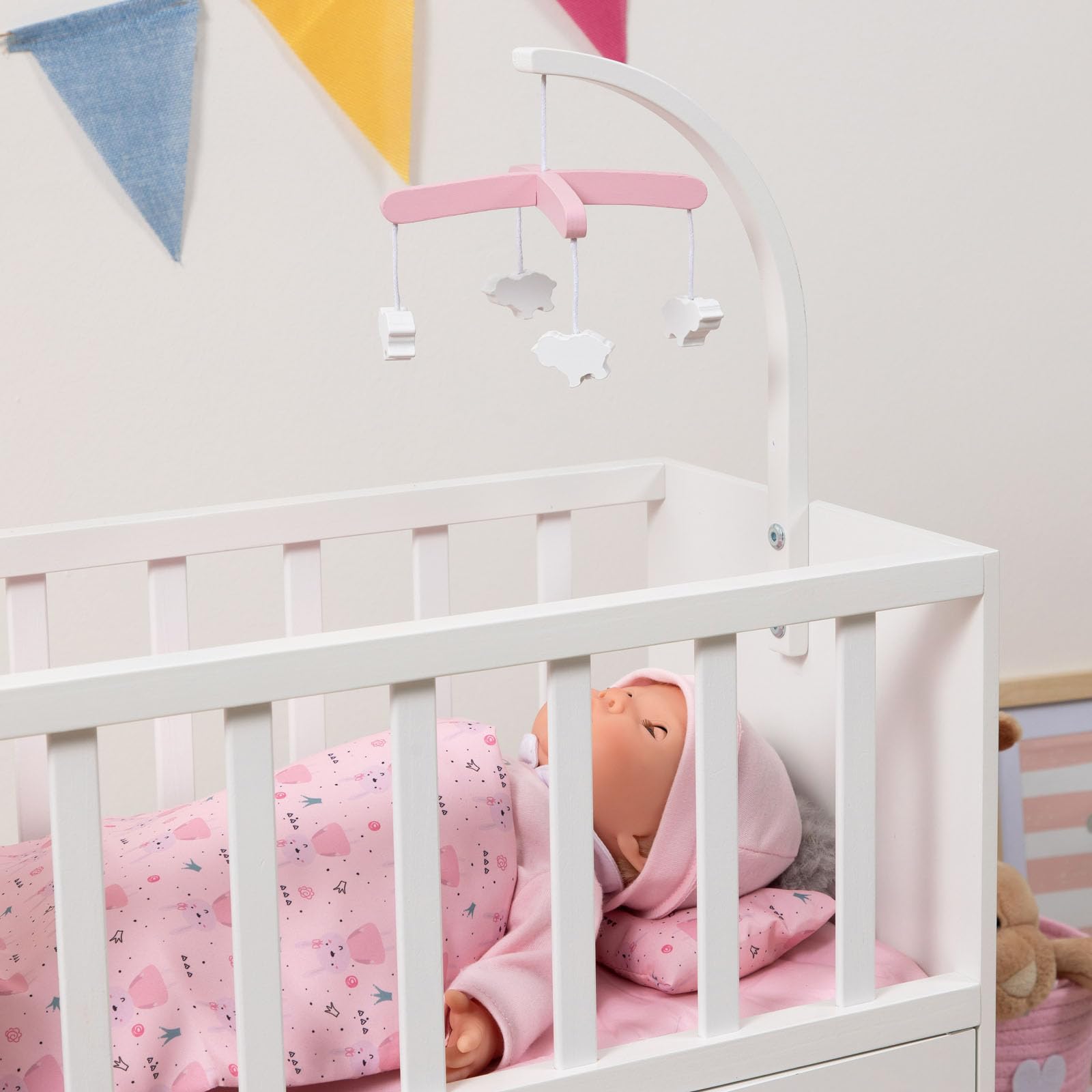 Puppenbett Cozy mit Schrank und Mobile aus Holz (Weiß-Rosa)