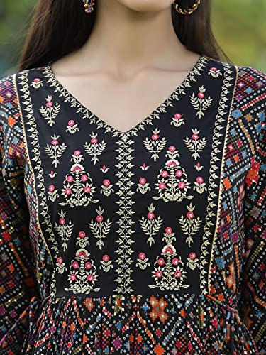 Image of Juniper Women's Rayon Festive Printed Flared Kurta for Women
