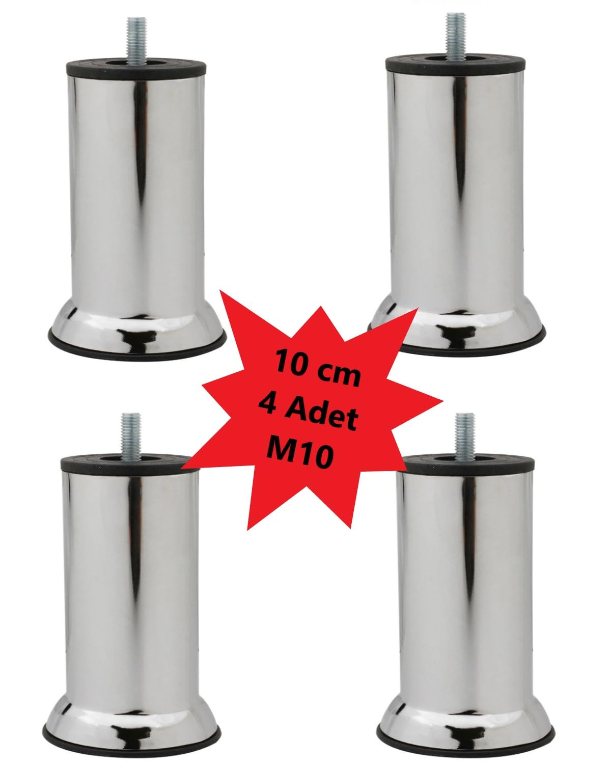 Mobilya Kanepe Baza Koltuk Çekyat Yükseltme Ayağı Kalın Diş M10 Krom Metal 10 Cm 4 Adet