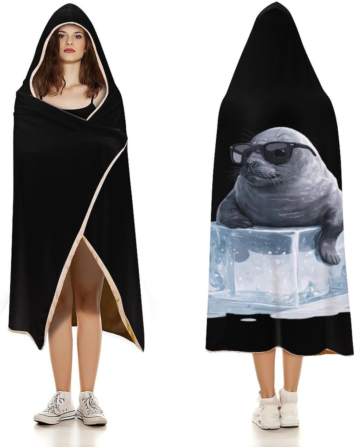 Funny Seal Print Wearable Blanket Oversized Throw Cape | Cozy Hooded Blanket Gifts for Women Men