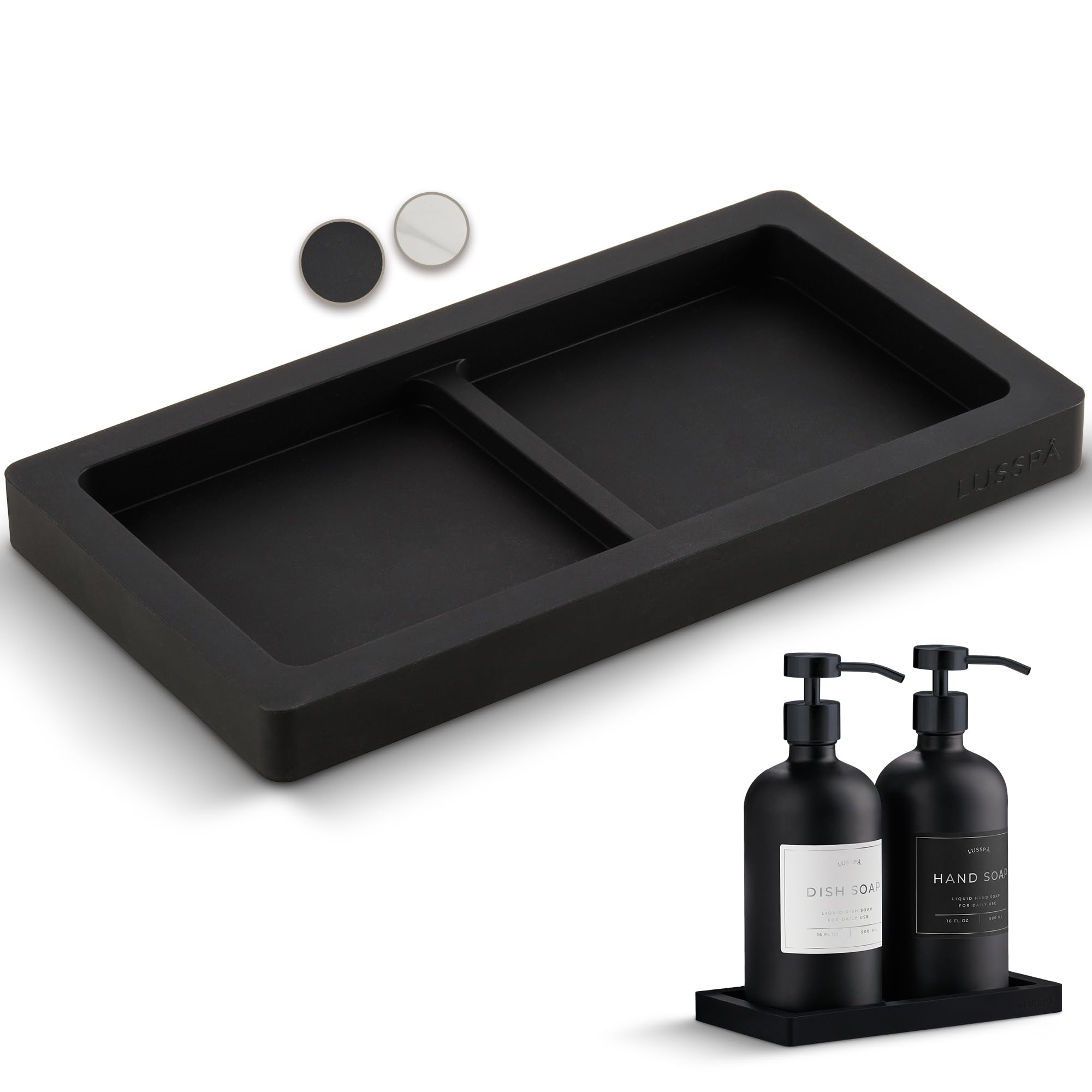 Countertop and Vanity Tray – Small Silicone Tray for Soap Dispenser Bottles, Bathroom Organiser, Dish Soap Holder for Kitchen Counter, Sponge Holder and Sink Caddy (Black)