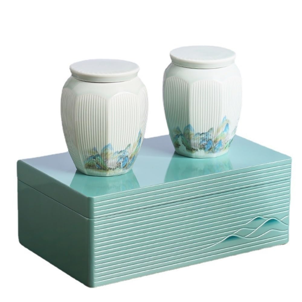 LYGSWDB Słoik na cukier Domowy ceramiczny szczelnie zamknię słoik Pojemnik do przechowywania herbaty luzem Słoik Retro chiński zestaw herbaty Podwójny słoik Pudełko na prezent Zestaw drewnianego