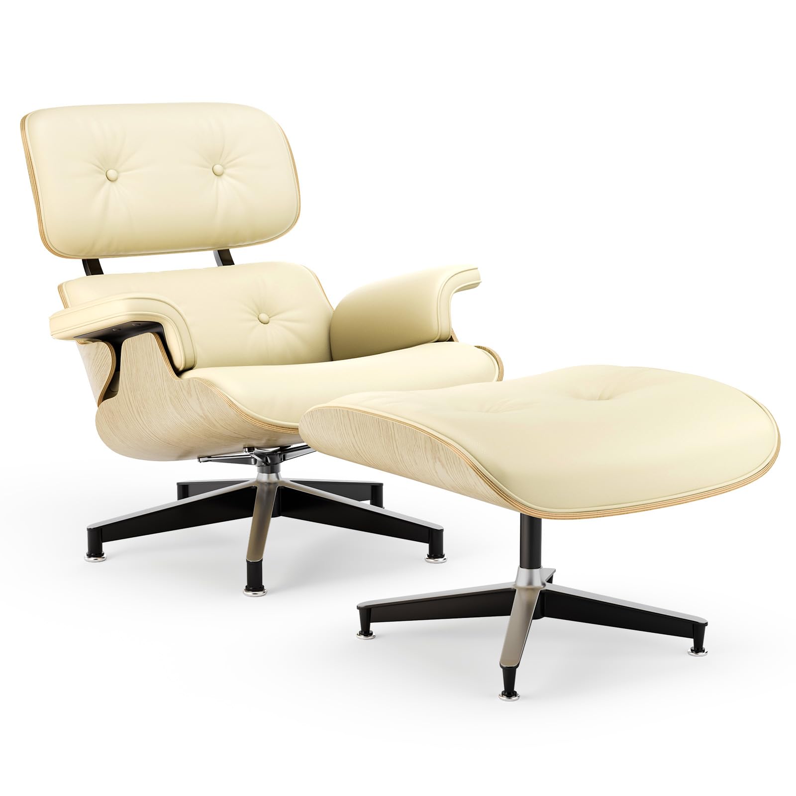 Top Black Grain Leather, Mid Century Chaise Lounge Chair and Ottoman, Modern Chair Classic Design, Ash Wood, Heavy Duty Base Support for Living Room Office