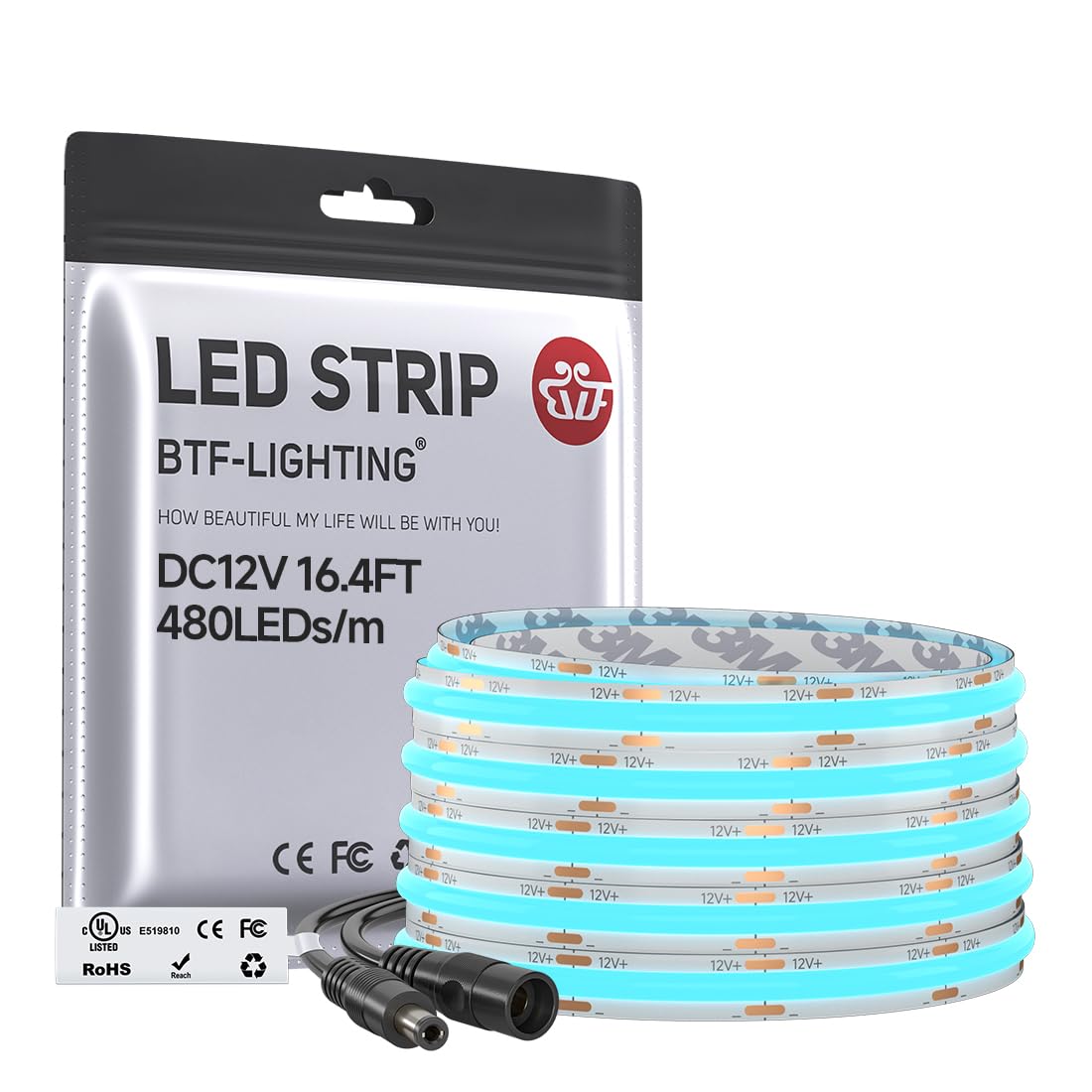 BTF-LIGHTING FCOB COB LED Strip Ice Blue Color 480LEDs/m 5M 12V DC Bright Dimmable LED Tape Light 8mm Width for Under Cabinet Bedroom Room Home Party Decoration, UL Listed(No Adapter or Controller)