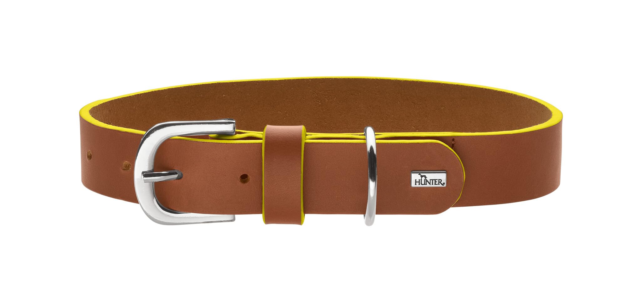 HUNTER Hundehalsband Garda aus Softvollrindleder, robust & komfortabel, mit handgefärbten Kontrastkanten, Made in Germany, Farbe: Cognac/gelb, Größe: 35