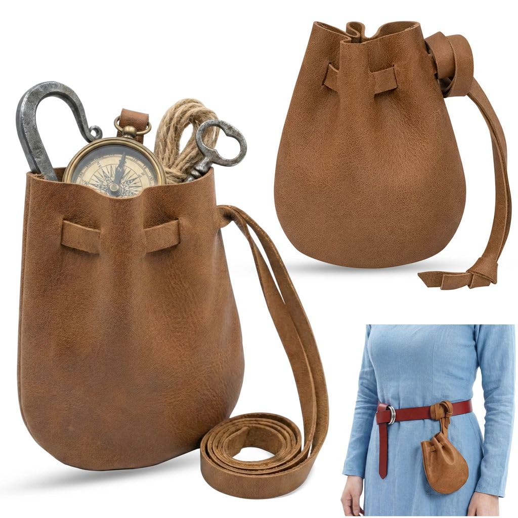 Mythrojan Small Trinket Pouches Suede Leather Drawstring Coin &amp; Dice Bags for LARP, SCA, Viking &amp; Medieval Events (Brown- Single)