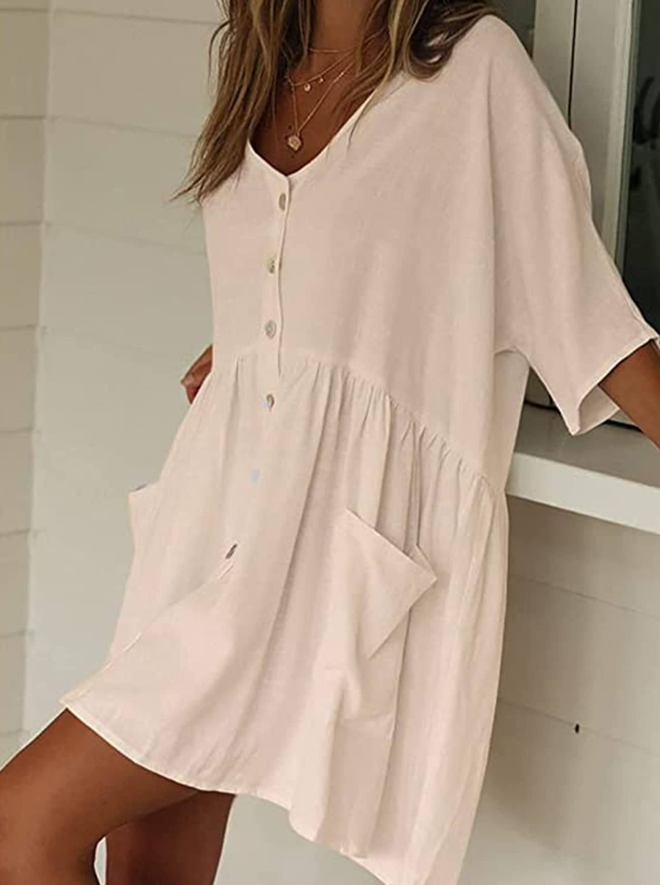 Robe de Plage Femme Été Paréo Tunique Robe de Plage Courte Col V avec Bouton Kimono Cache-Maillots Maillot de Bain Bikini Cover Up Grande Taille Beachwear pour Vacances