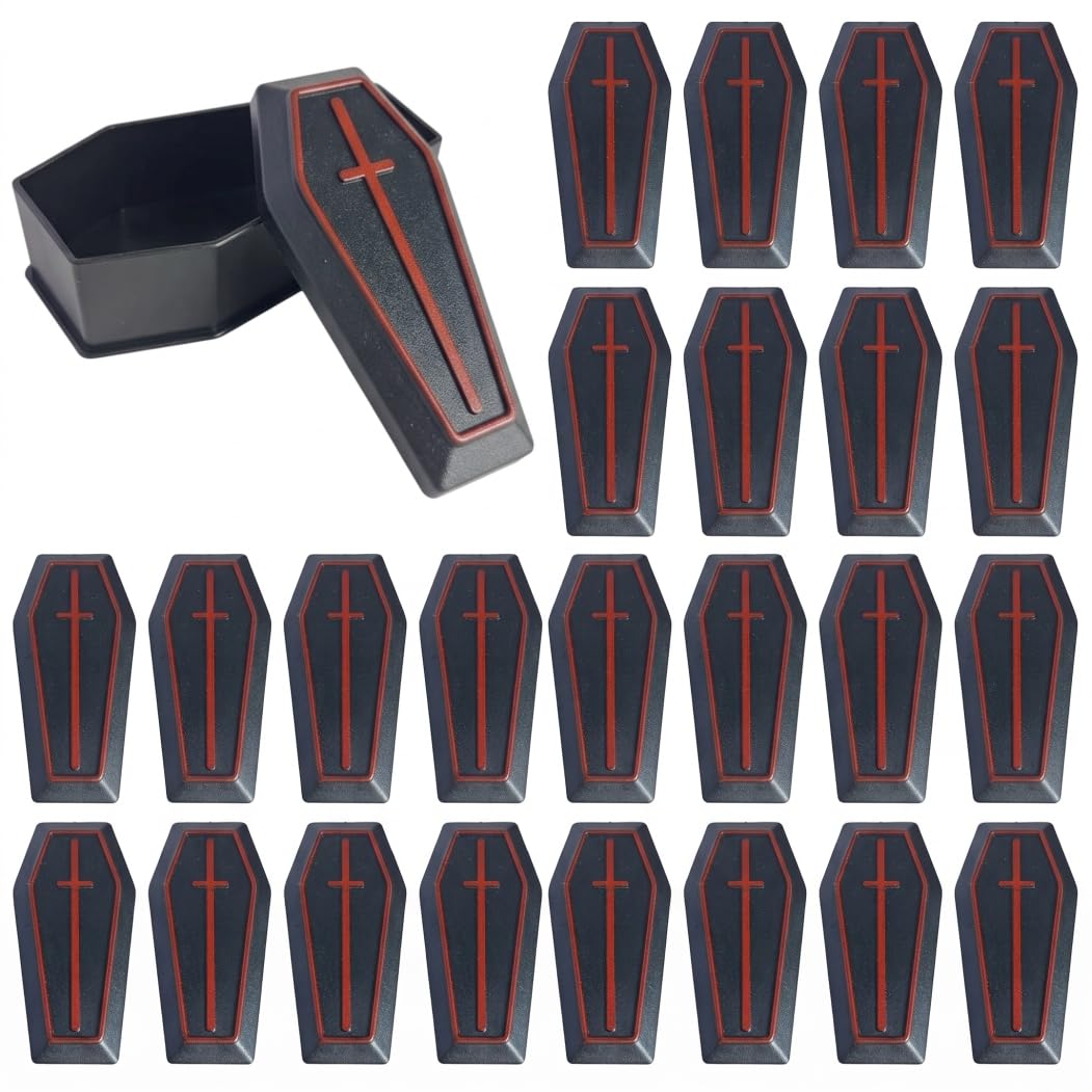 AwnsIMfreien 24 PCS Mini Coffin Boxes with Lids, Plastic Halloween Basket Treat Containers for Spooky Celebrations, Black