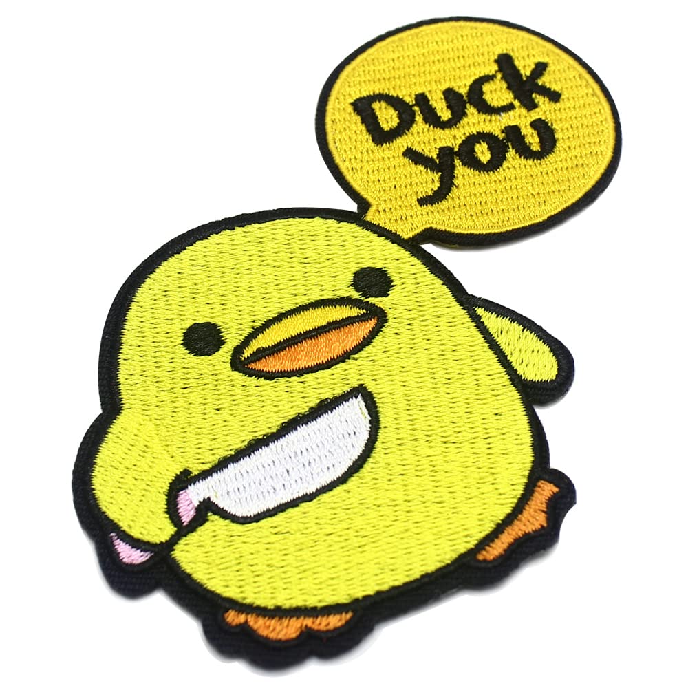 PatchKingdom Chick with Knife Duck Iron On Sew On Patch Funny Meme Pet Animals Badge Duck You Embroidered Armband Applique for Jackets Jeans Clothes Backpacks Tote Bags (Yellow) 3.7''x4''(9.5x10cm)