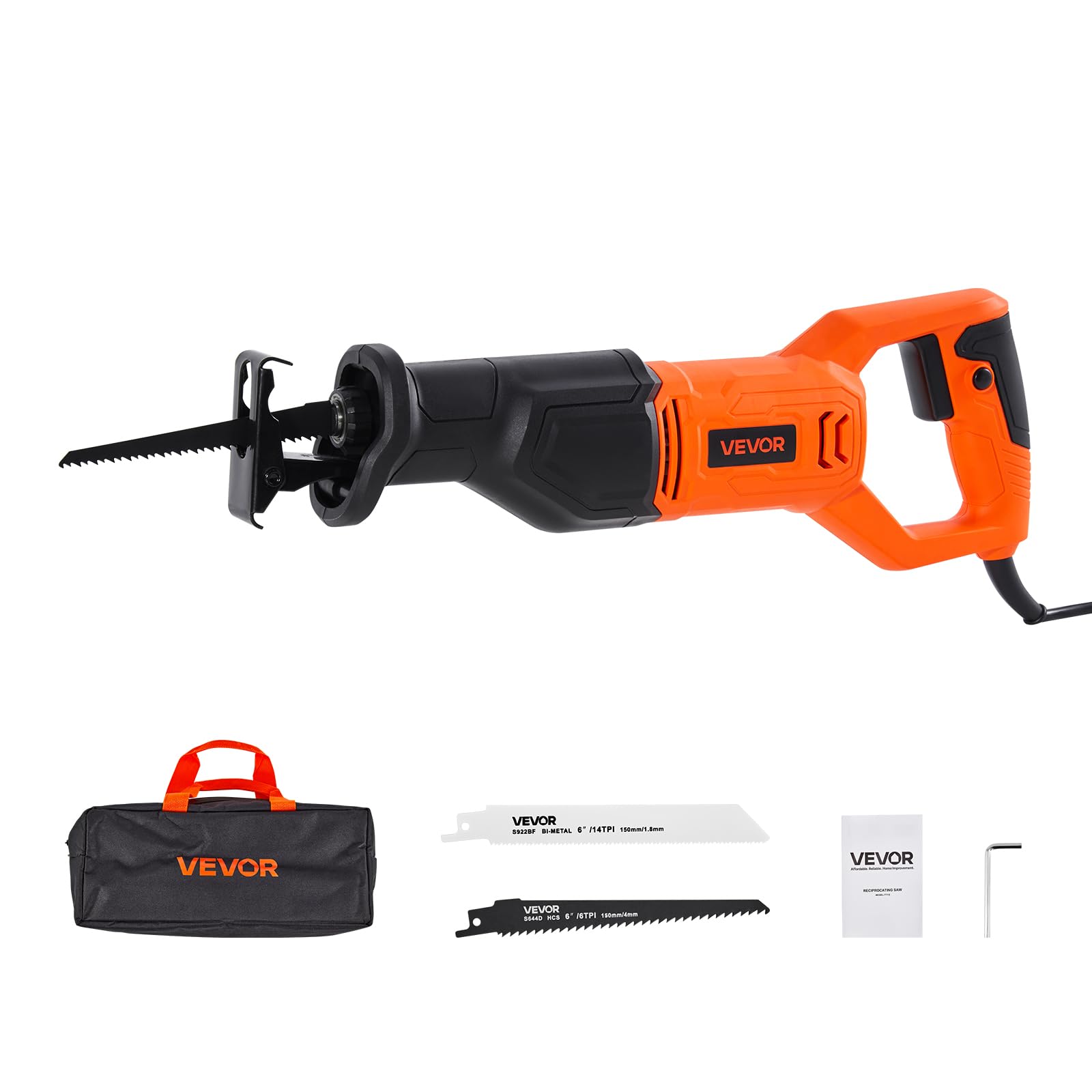 VEVOR 6 Amp Corded Reciprocating Saw, 3/4" Stroke Length, Power Reciprocating Saw with Variable Speed, 3000 SPM, 8 Blades &amp; Bag Included, for Wood, Metal, and Plastic Cutting