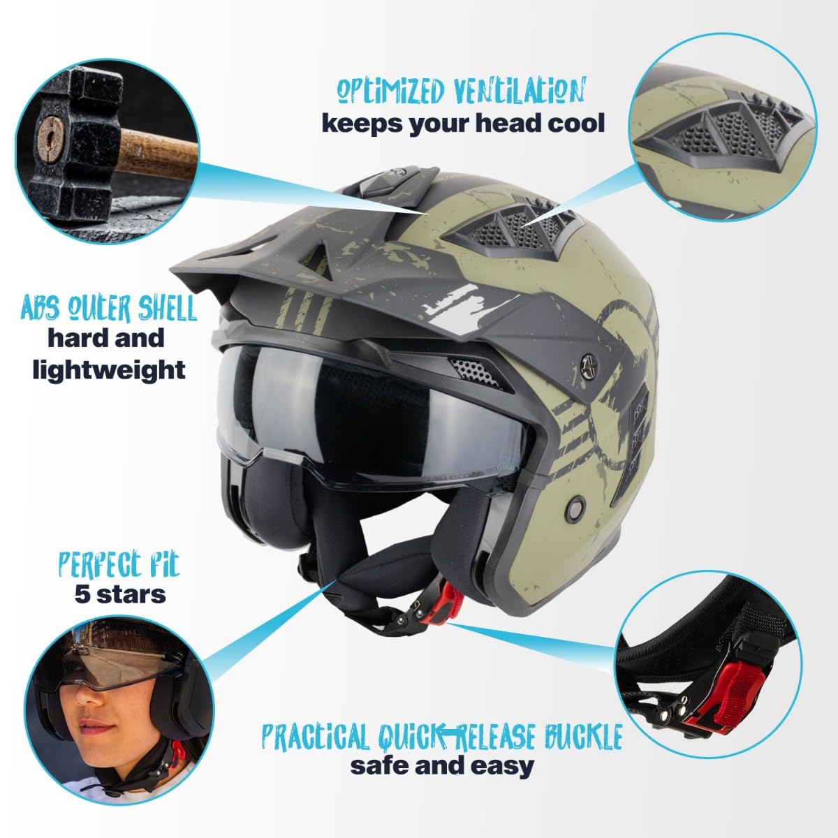 VINZ Shikoku - Casco Jet / Streetfighter | Homologado ECE 22.06 | Casco de moto | Casco de moto | Casco Scooter con visera solar / Parasol | Casco Jet con protector de barbilla desmontable