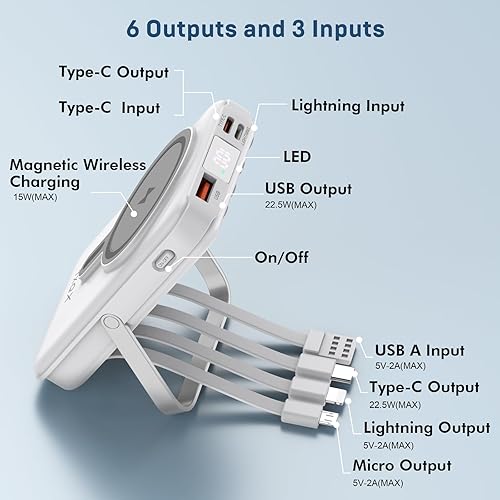 Miniatura 2 de Cargador portátil inalámbrico de 10000 mAh, banco de energía magnético con cables incorporados pantalla LED, carga rápida PD de 22.5 W para batería