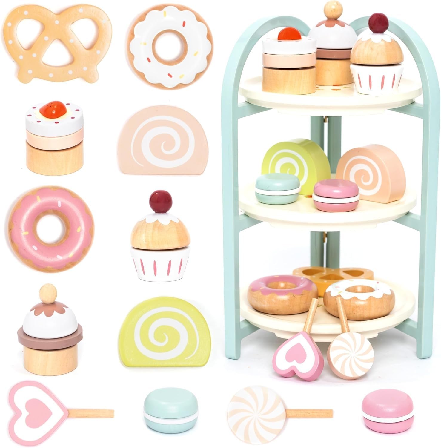 UMU Wooden Children's Kitchen Dessert Play Set with Stand, Sweets, Tea Service Accessories for Play Kitchen and Much More, Wooden Toy for Children from 3 4 5 6 Years