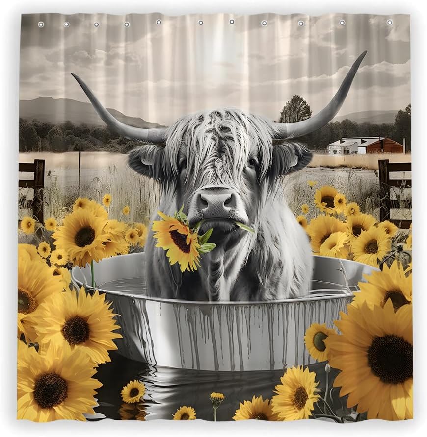 Rustic Highland Cow with Sunflower Shower Curtain Western Farmhouse Funny Grey Bull Standing in A Bathtub Farm Yellow Floral Wildlife Cattle Country Fabric Bathroom Curtains with Plastic Hooks