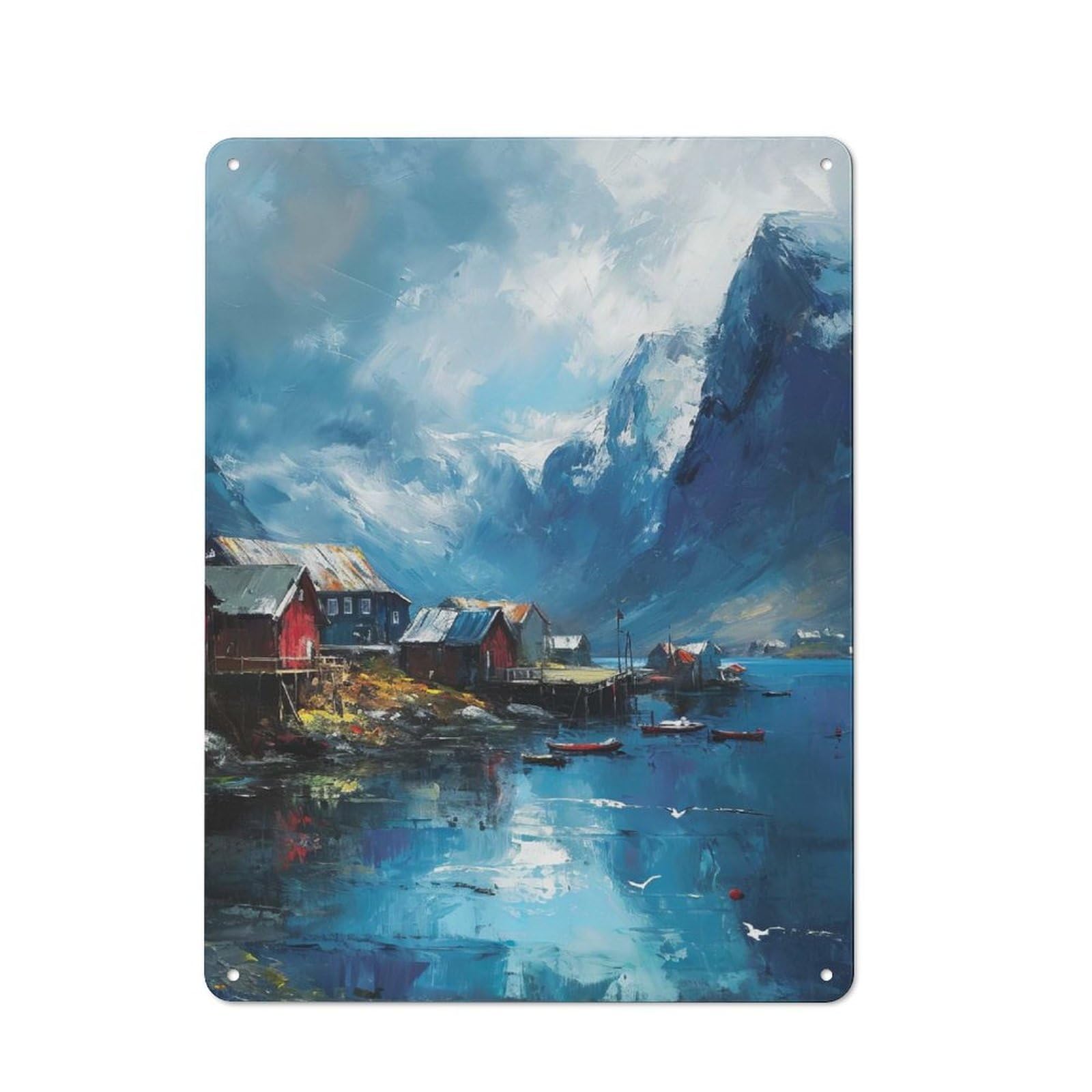 Junmoney Style-15 For Living Room Or Hallway, Coastal Village Painting With Mountain Backdrop Vintage Metal Sign 40X30cm, For Metal Sign Collectors, For Garage And Workshop Walls
