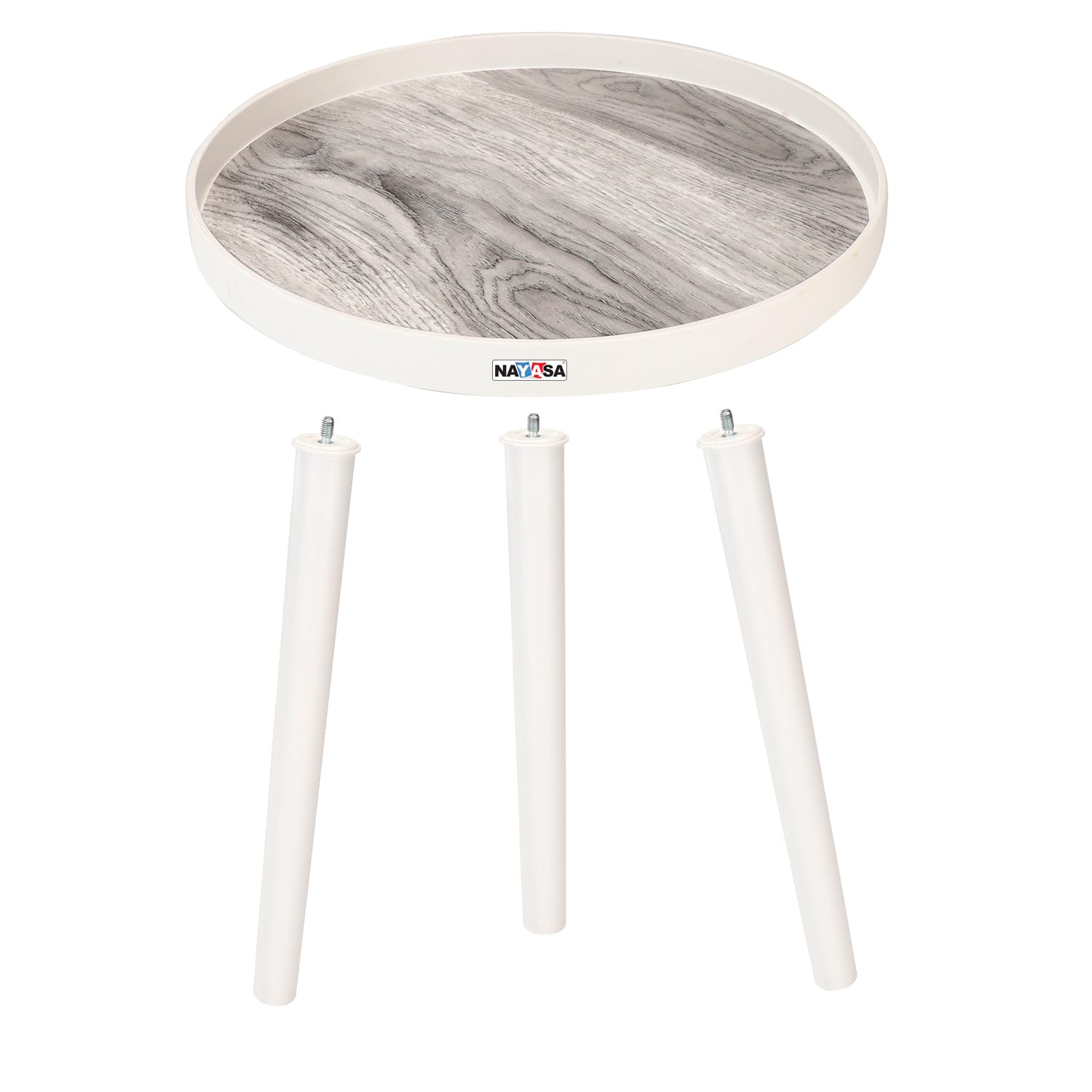 Nayasa Plastic Round Modern Side Coffee Table with Wooden Print | Lightweight End Table for Living Room, Bedroom & Balcony | Multipurpose Accent Table | Durable, Sturdy & Easy to Clean | White & Grey 3