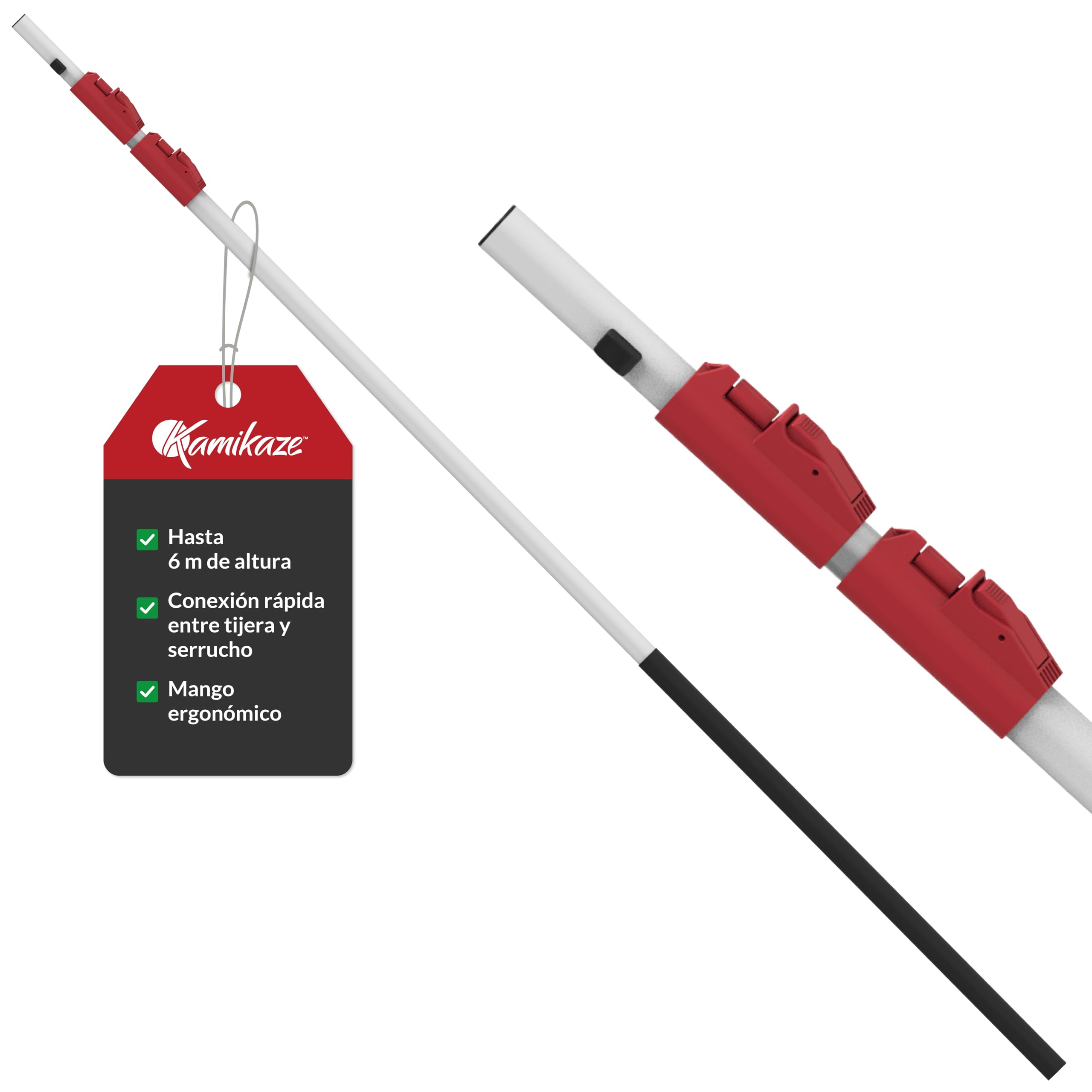 KAMIKAZE Pertiga Multiherramienta Telescópica de 3 Tramos Ajustables de 2 a 6 m Aluminio Anodizado con Funda de Goma Empuñaduras de Polipropileno Compatible con Serruchos MT330BH MT360BH y Tijera MT63