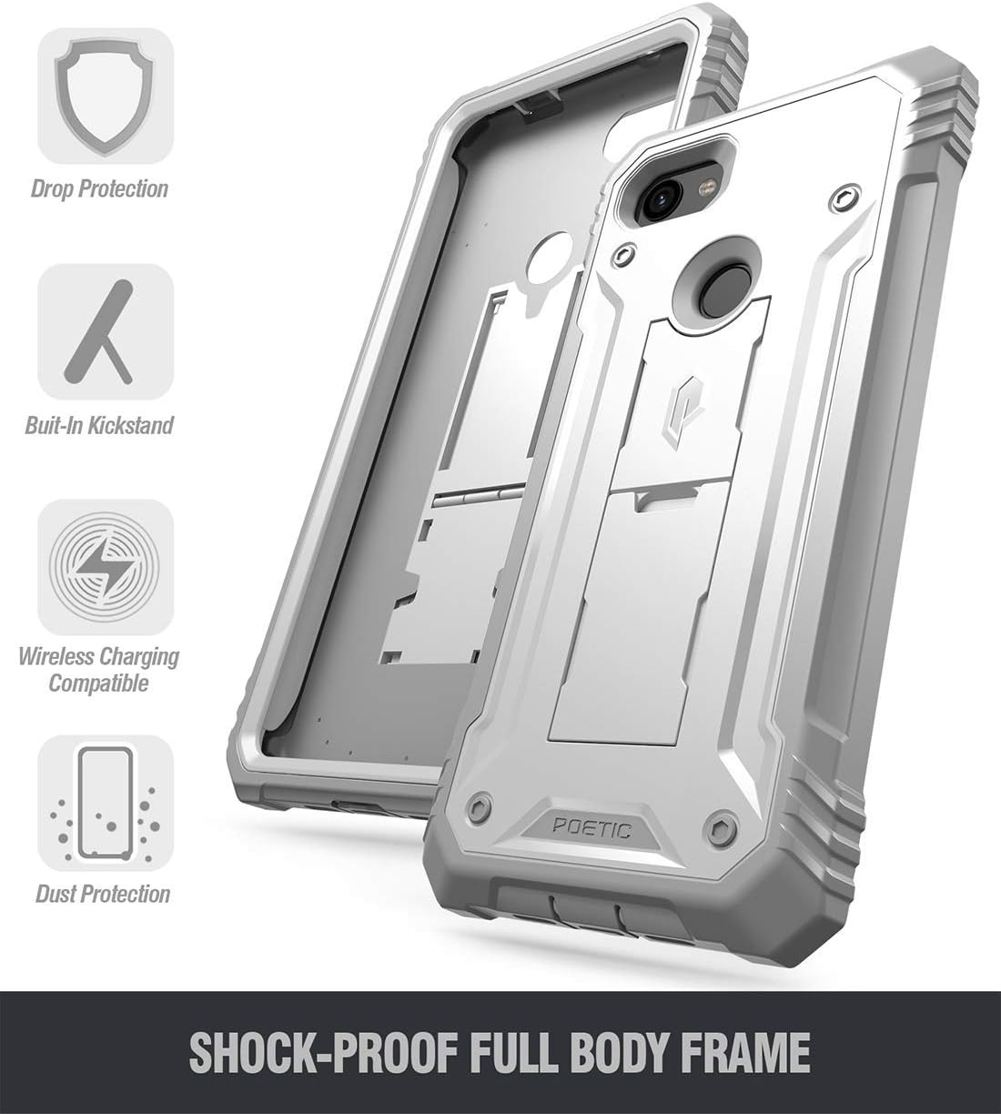 Exclusive Special Google Pixel 3a Rugged Case with Kickstand, Poetic Full-Body Dual-Layer Shockproof Protective Cover, Built-in-Screen Protector, Revolution Series, Defender Case for Google Pixel 3a, White