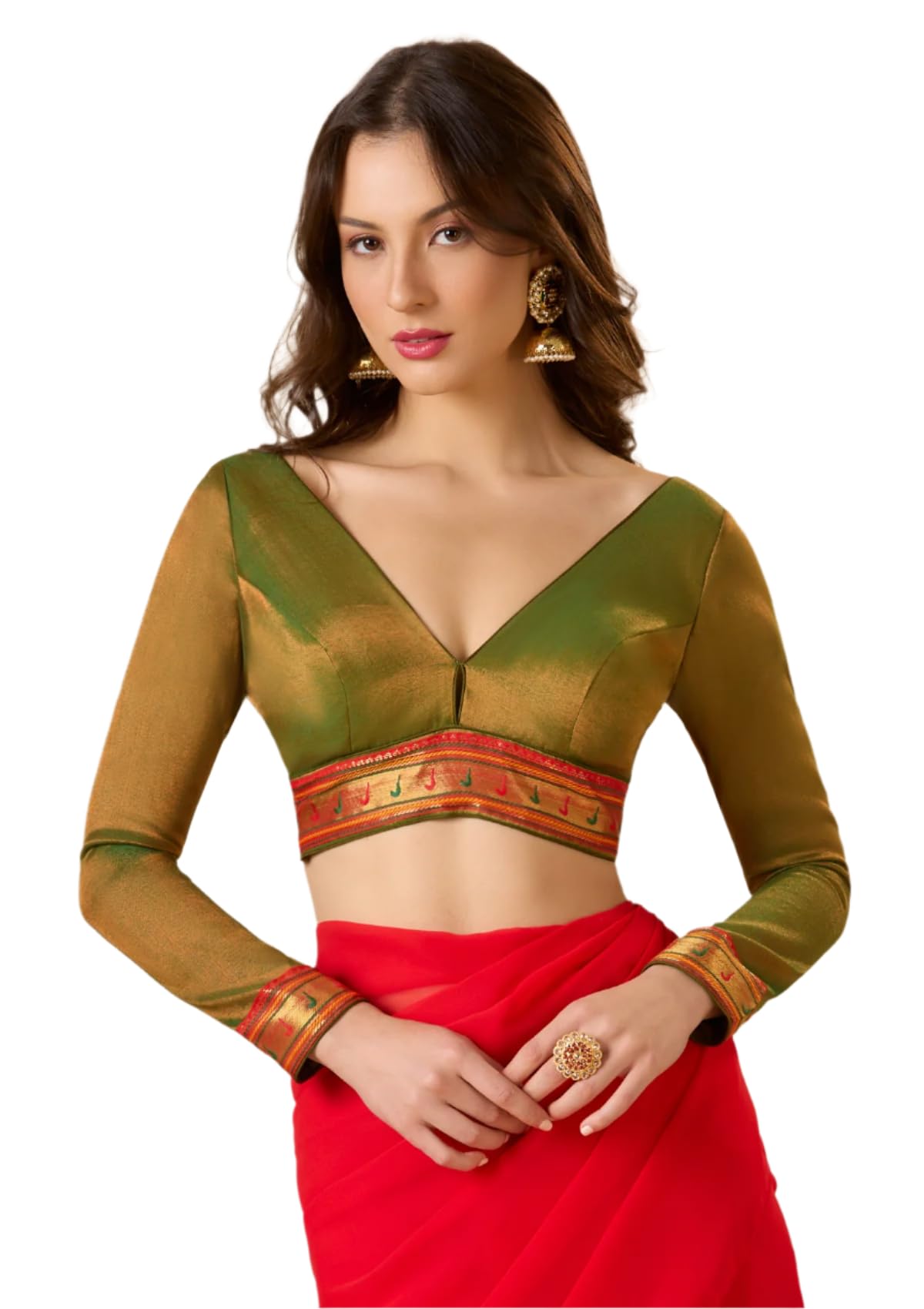 Tissue V Neck Full Sleeves Readymade Blouse with Paithani Lace Border-image-19
