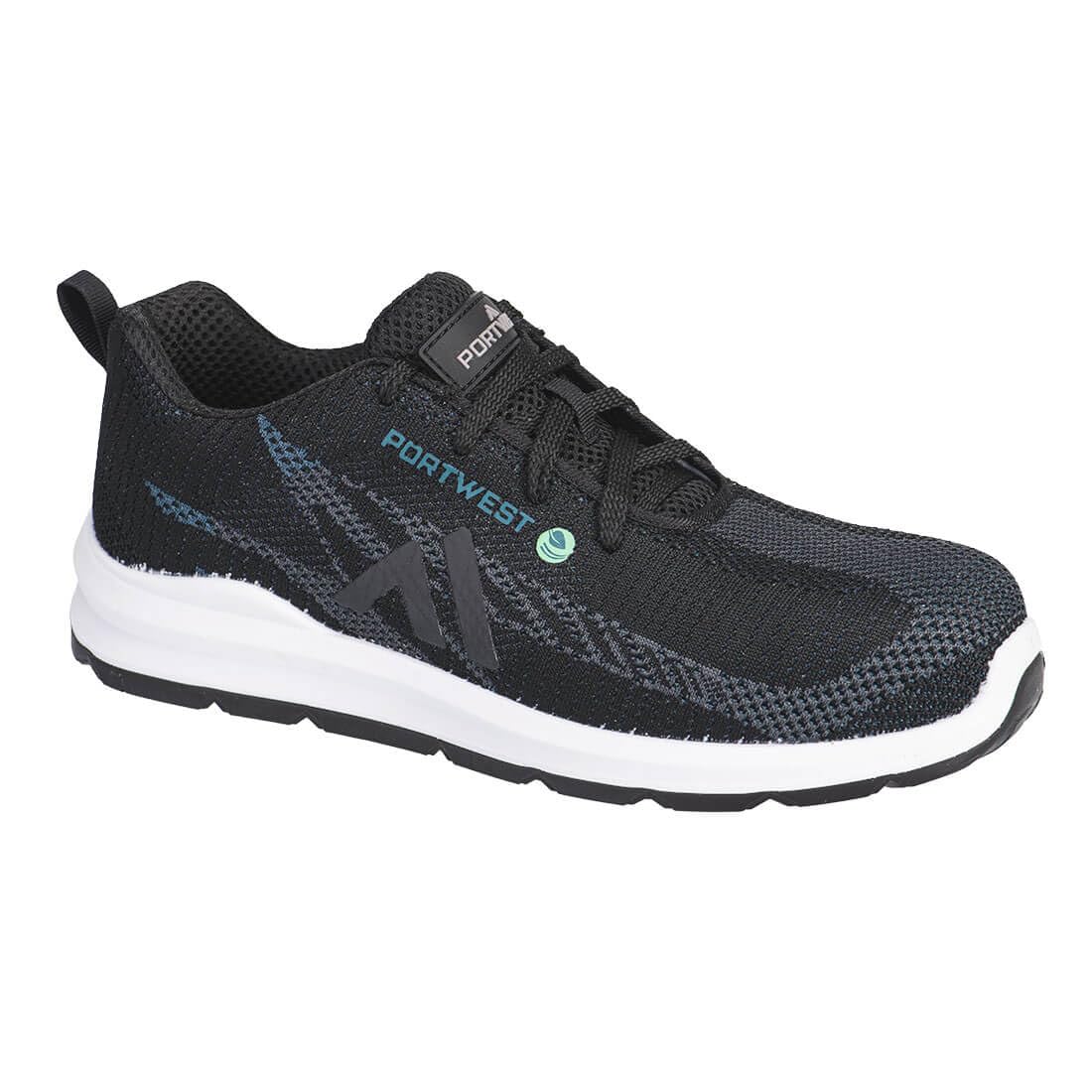 Portwest FC06 Composite Flynite Trainer S1PS SR FO Lightweight Safety Shoe Seamless Recycled Polyester Composite Toecap Puncture Resistant Midsole Slip Resistant Outsole, Black/Blue, 13