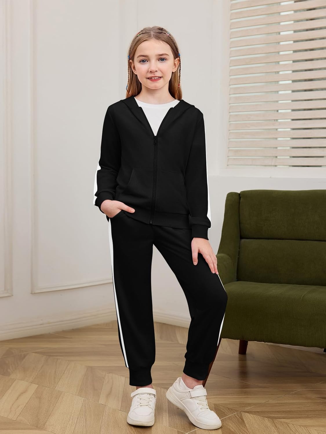 Haloumoning Girls 2 Piece Outfits Sweatsuit Kids Athletic Zip Up Hoodie and Sweatpants Clothing Sets 5-14Y - Image 2