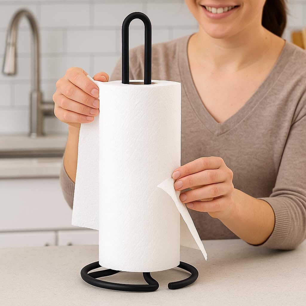 Creative Home Heavy Duty Iron Wire Paper Towel Holder Kitchen Towel Stand for Kitchen Countertop Dining Table, 4.8" Diam. x 11.8" H, Black Powder Coating