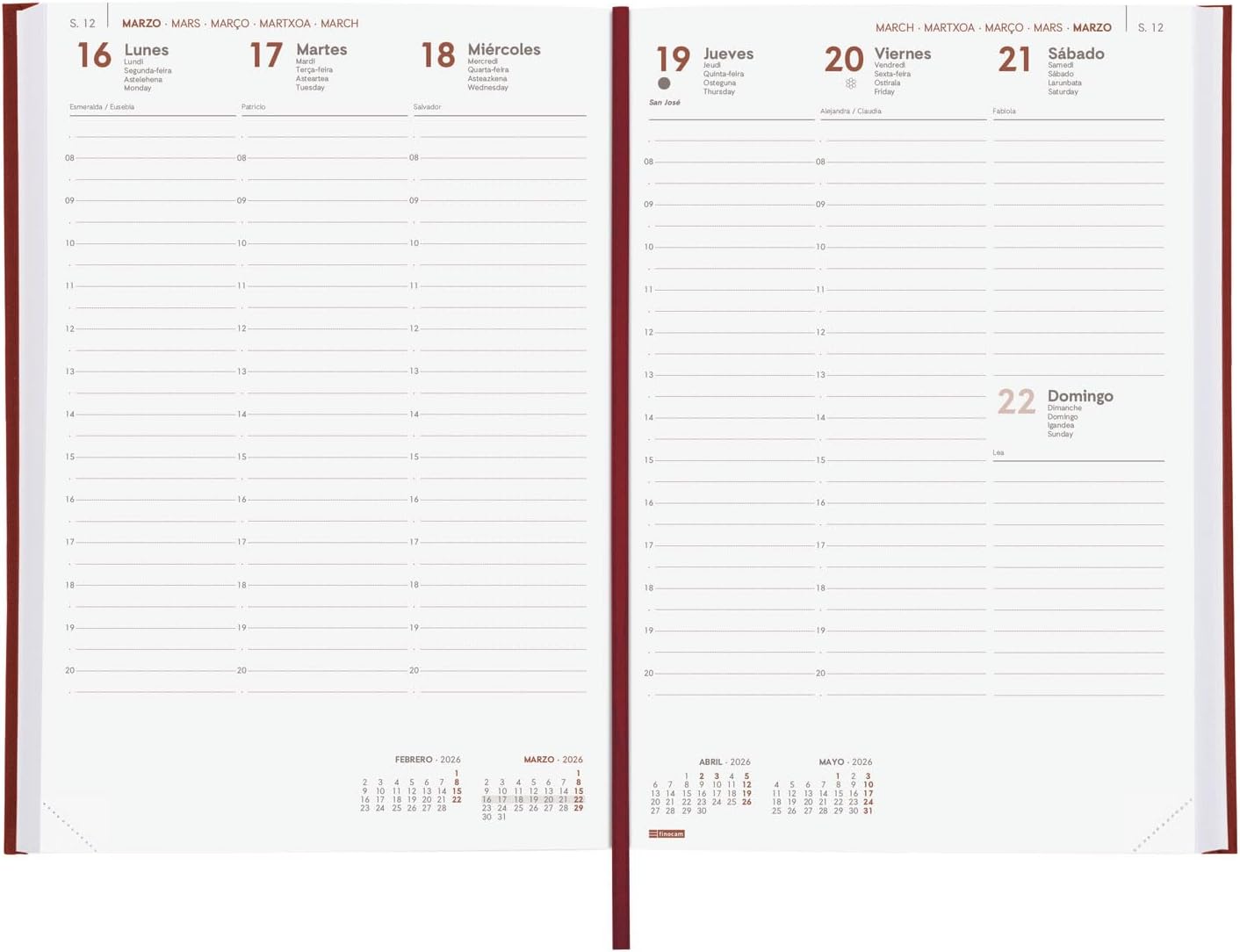 Finocam - 2026 Week to View Calendar January - December (12 months) Year Planner 2026 Hardback Padded Milano Bordeaux Spanish