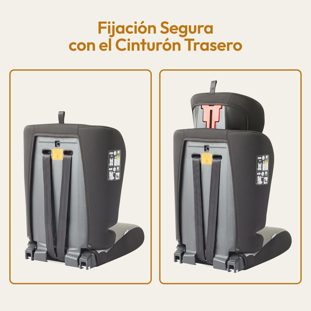 Silla Coche Bebe 76-105 cm hasta 36 kg desde 15 Meses, ECE R129 i-Size Booster Seat 100-150 cm hasta 12 Años, con Funda Desmontable, Cojín Extra de Cabeza y Arnés Ajustable, Gris oscuro
