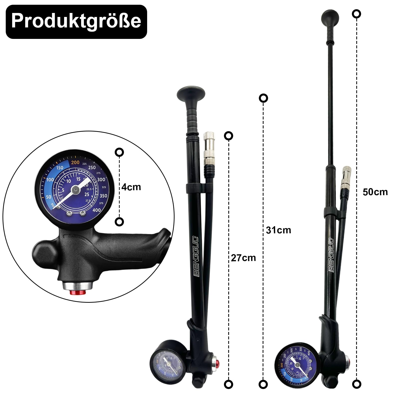 Pompe à amortisseur de vélo haute pression (max 400 PSI) 3 en 1 - Pompe à fourche de vélo, pompe de suspension arrière et pompe à pneu de vélo, pompe à vélo avec manomètre, mini pompe portable avec