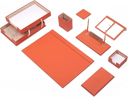 MOOG - Juego de escritorio de cuero naranja almohadilla de escritorio soporte para papel de notas soporte para bolígrafos posavasos de cuero