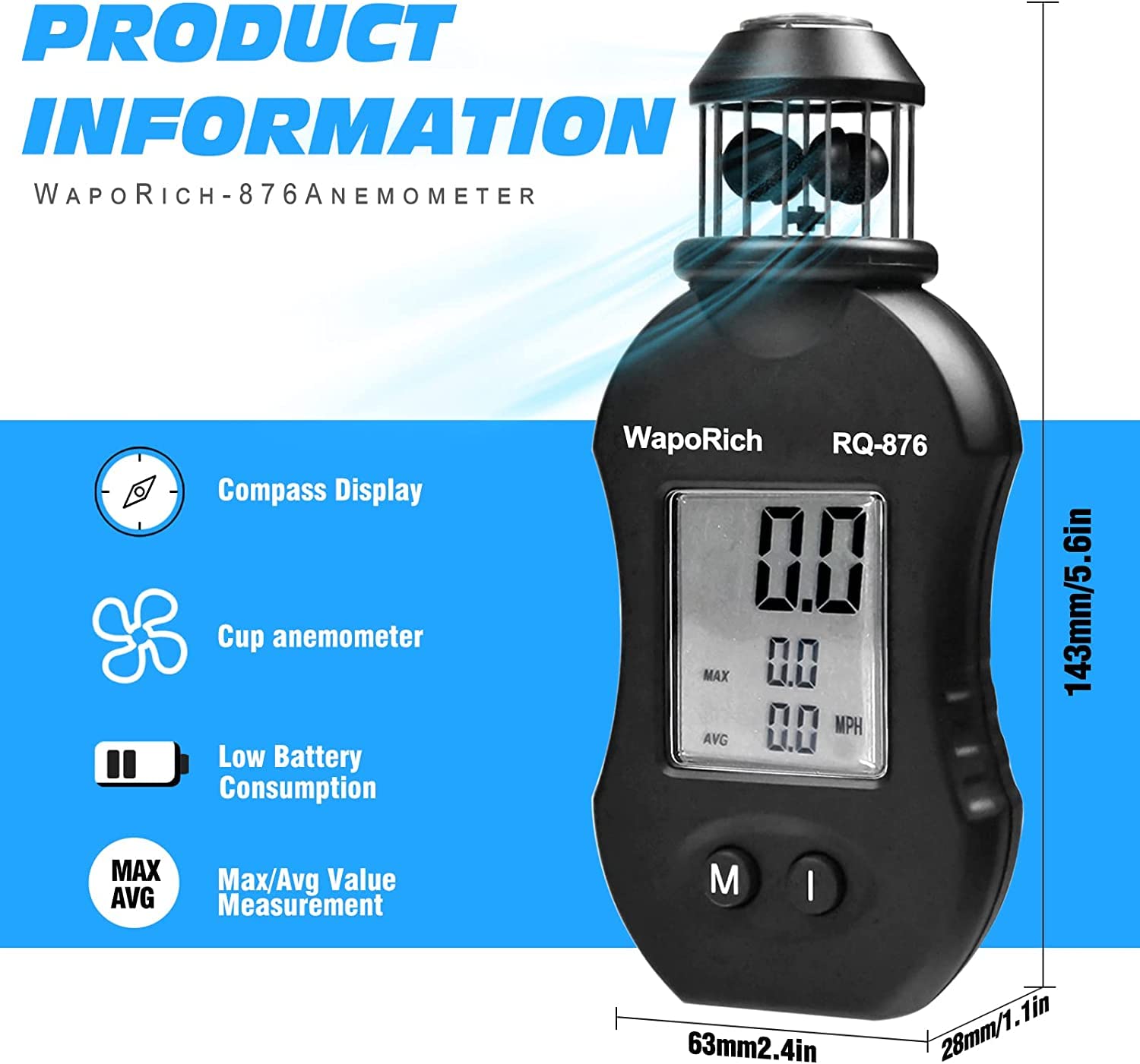 Anemometro a tazza a 360° portatile, WapoRich RQ-876 misuratore di velocità del vento con velocità del vento/temperatura del vento/test massimo/medio per HAVC, volo con drone, pesca, tiro