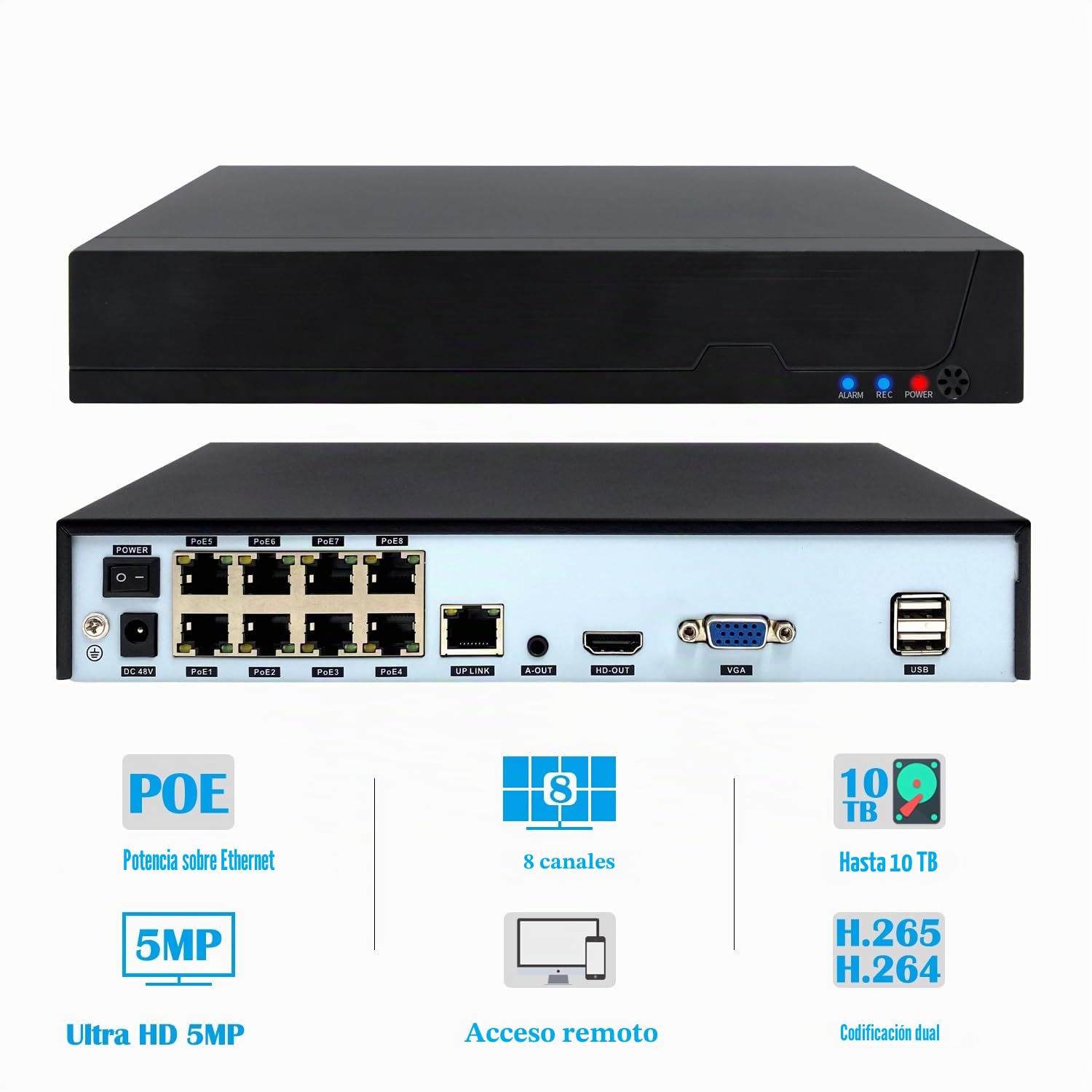 8ch PoE NVR, PoE Network Video Recorder (HD 1080p/3MP/4MP/5MP) para el Sistema Seguridad Vigilancia, 8 Canales sobre Ethernet para la Cámara IP, No incluir HDD (POE4008ES)