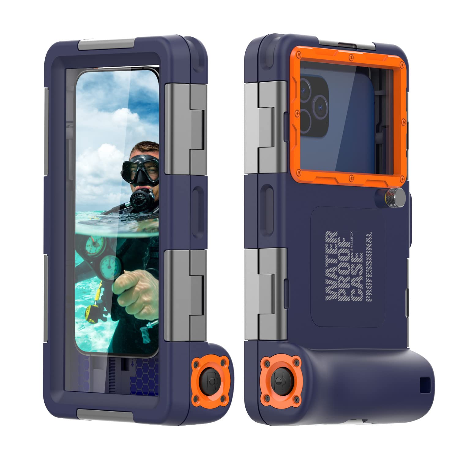 ShellBoxCase Custodia universale impermeabile per iPhone 16/15/14/Pro/Plus/Max/Samsung Galaxy S25/24/23/Ultra Series - [50FT/15M] custodia subacquea per riprese subacquee, blu arancione