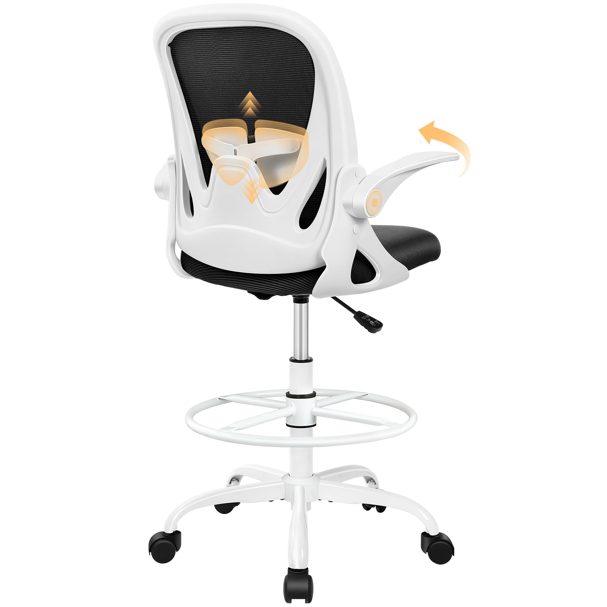 Primy Ergonomic Drafting Chair with Flip-up Armrests Tall Office Chair for Standing Desk Comfortable Desk Chair with Adjustable Footrest Ring and Lumbar Support in Gray Perfect for Home (White)