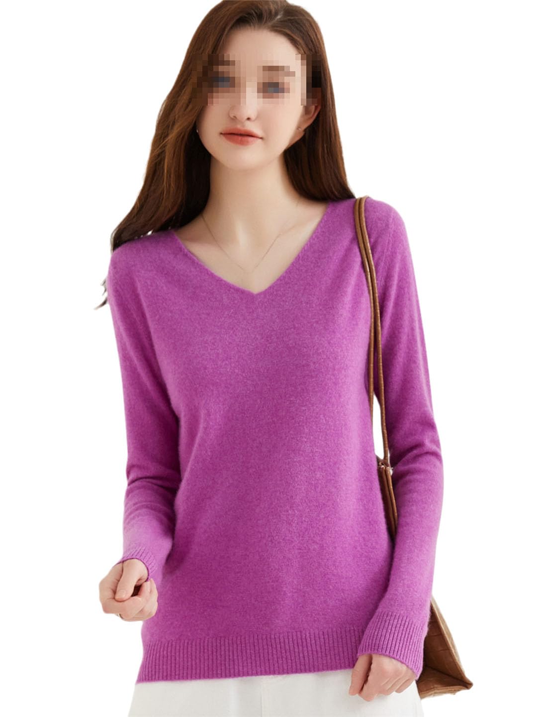 Suéter De Cachemira con Cuello En V para Mujer Jersey Básico De Cachemira Tops De Punto De Manga Larga De Lana