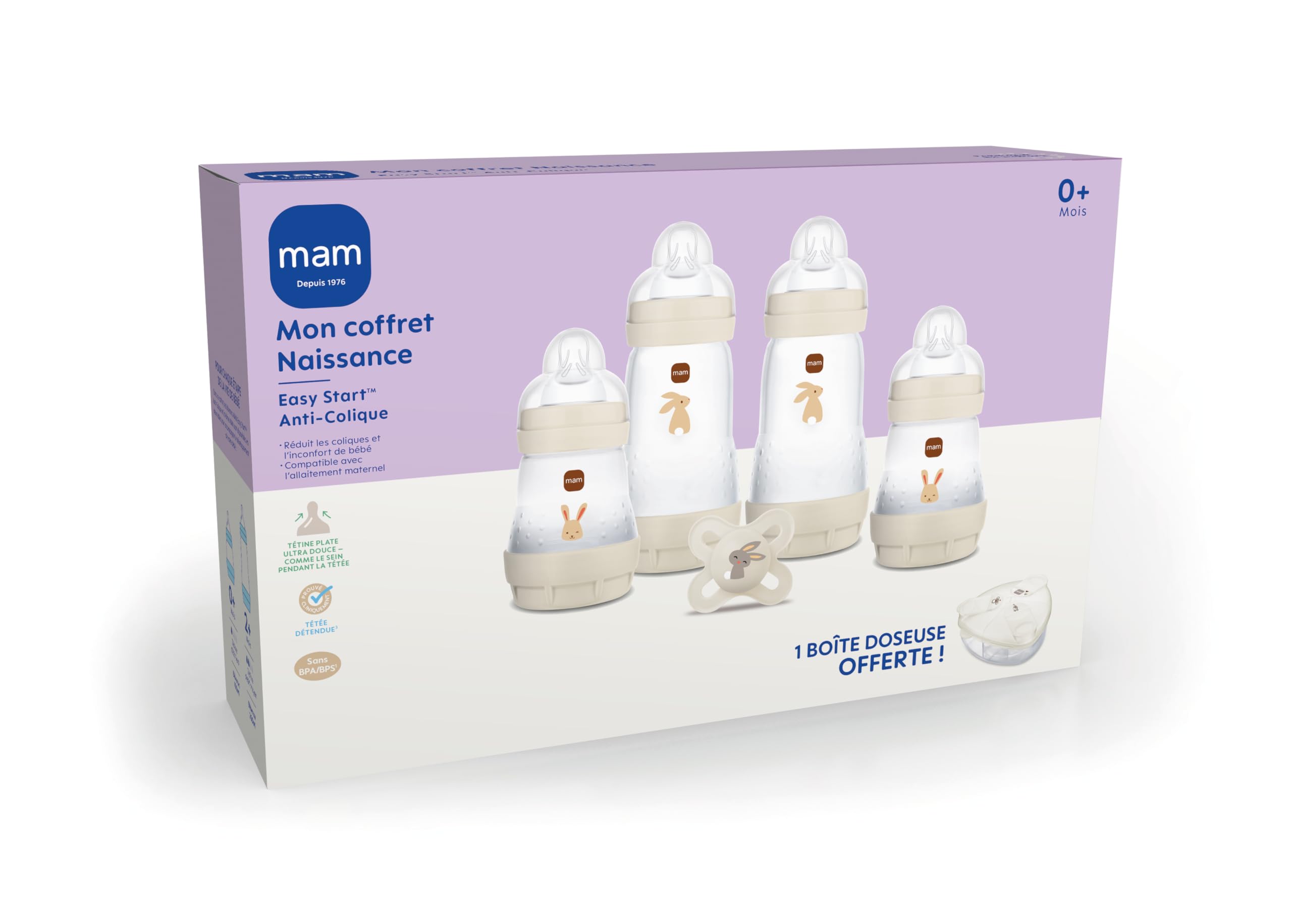 MAM Coffret Naissance Bébé, 4 Biberons Easy Start+1 Sucette+1 Boîte doseuse