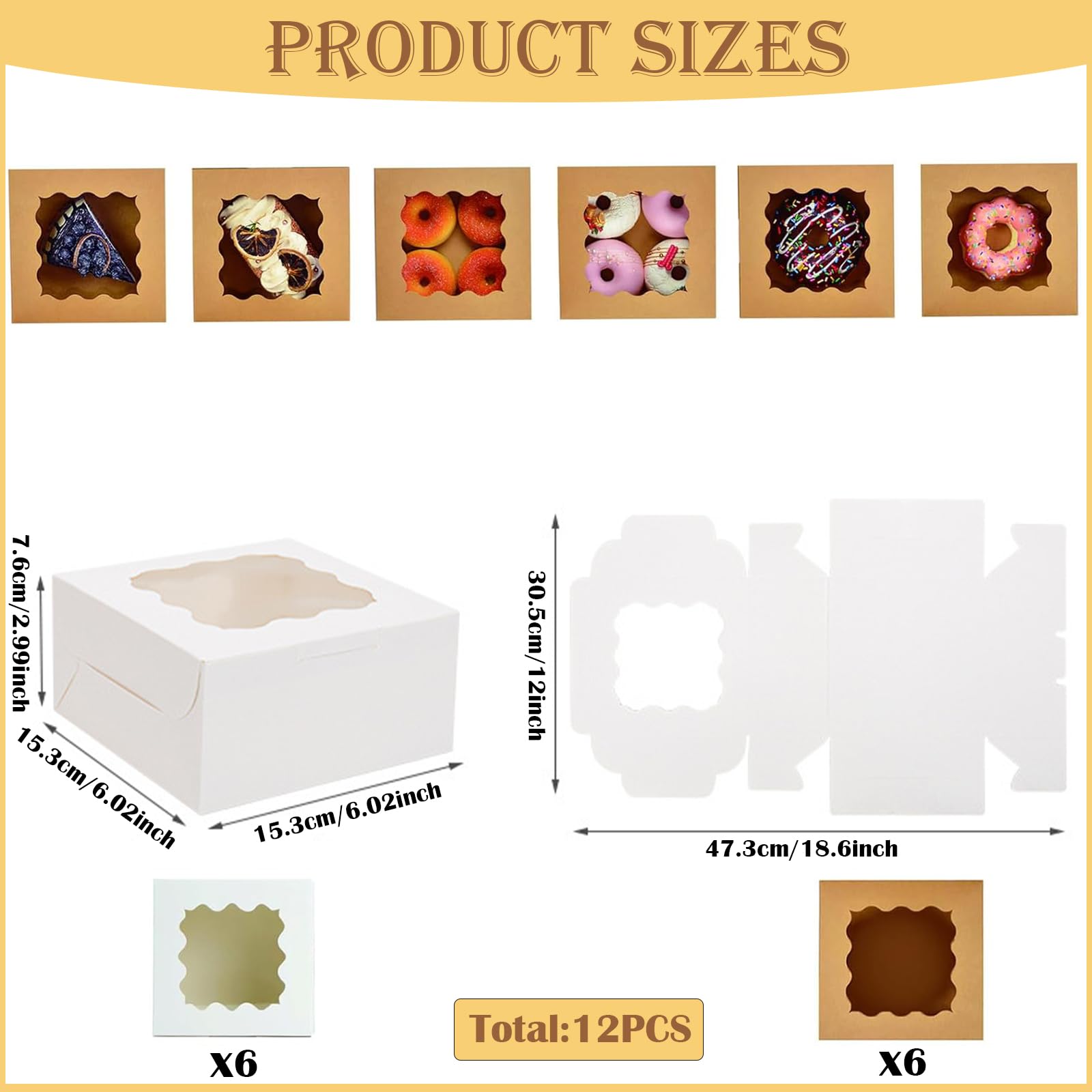 12 Pezzi Cupcake con Finestra Trasparente, Piccole Scatole per Caramelle con Finestra, Scatole Regalo in Carta Kraft Marrone/Bianco, per Caramelle, Cioccolato, Biscotti, Torte(15.3*15.3*7.6 cm)