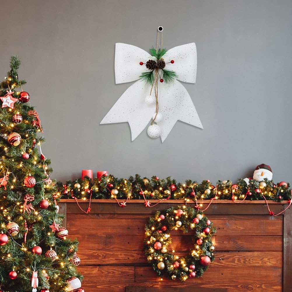 FACAIIO Decoración de lazo de Navidad, lazos grandes de algodón perlado de 30 cm con conos de pino para corona de árbol y decoración del hogar, reutilizables